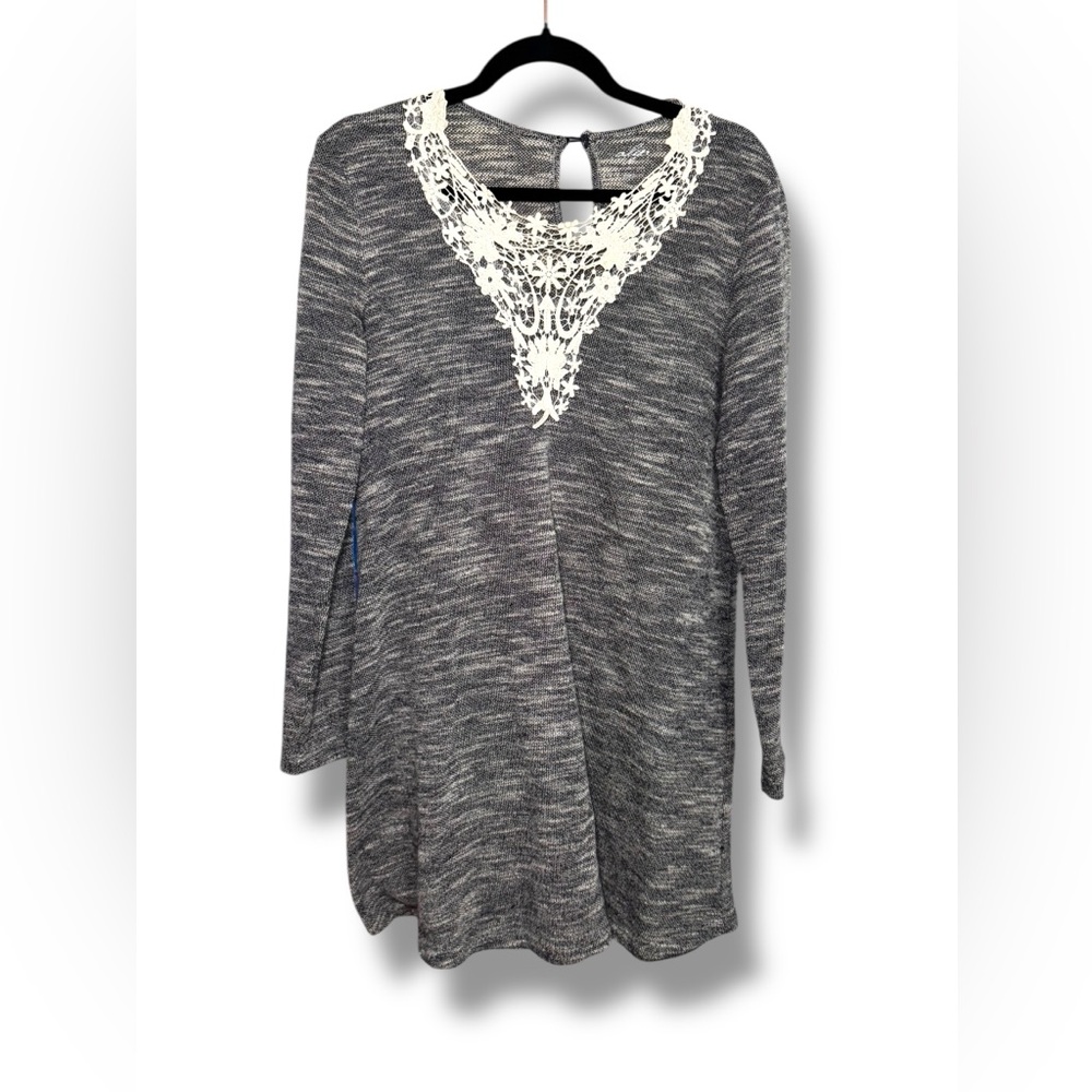 Alya Gray & White Lace Trim Women's Long Sleeve Dress Sz M Medium EUC